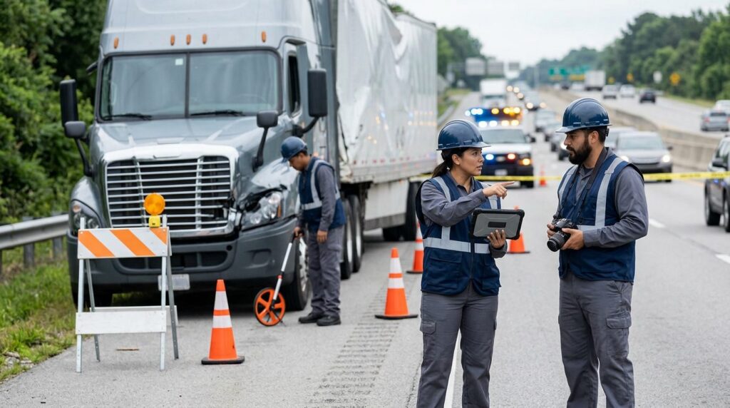 Investigadores documentan colisión de camión comercial en carretera cerrada.