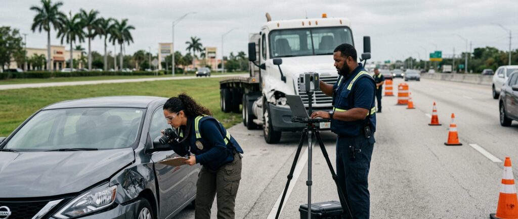 Investigadores documentan colisión de camión comercial en carretera cerrada.