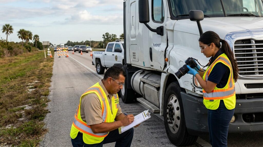 Investigadores documentan colisión de camión comercial en carretera cerrada con personal hispano.