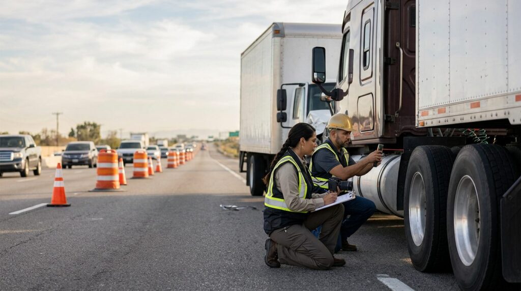 Investigadores documentan colisión de camión comercial en carretera cerrada.