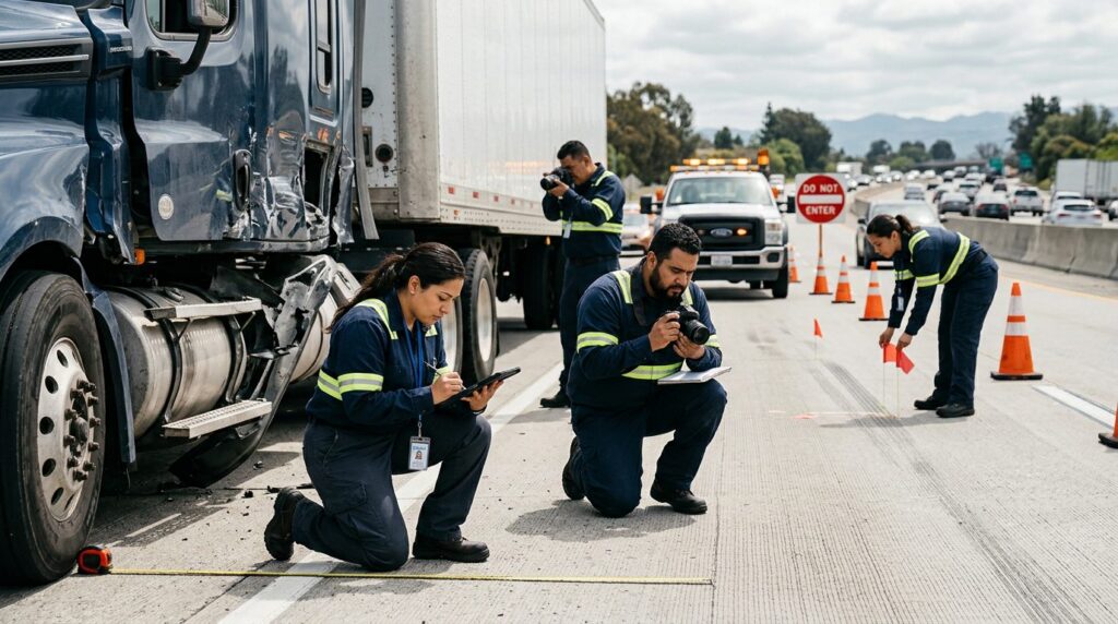 Investigadores documentan colisión de camión comercial en carretera cerrada.