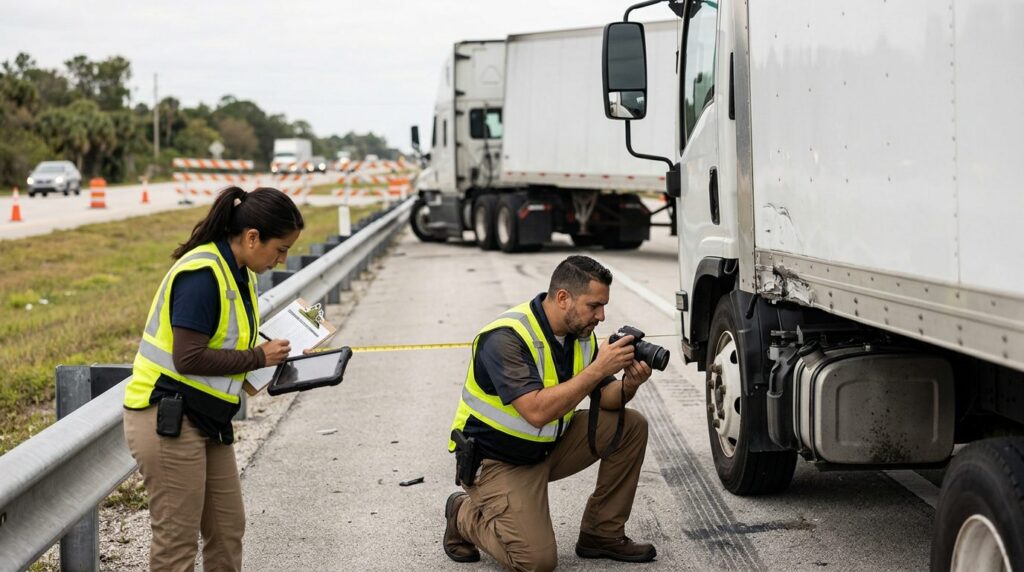 Investigadores documentan colisión de camión comercial en carretera cerrada con personal hispano.