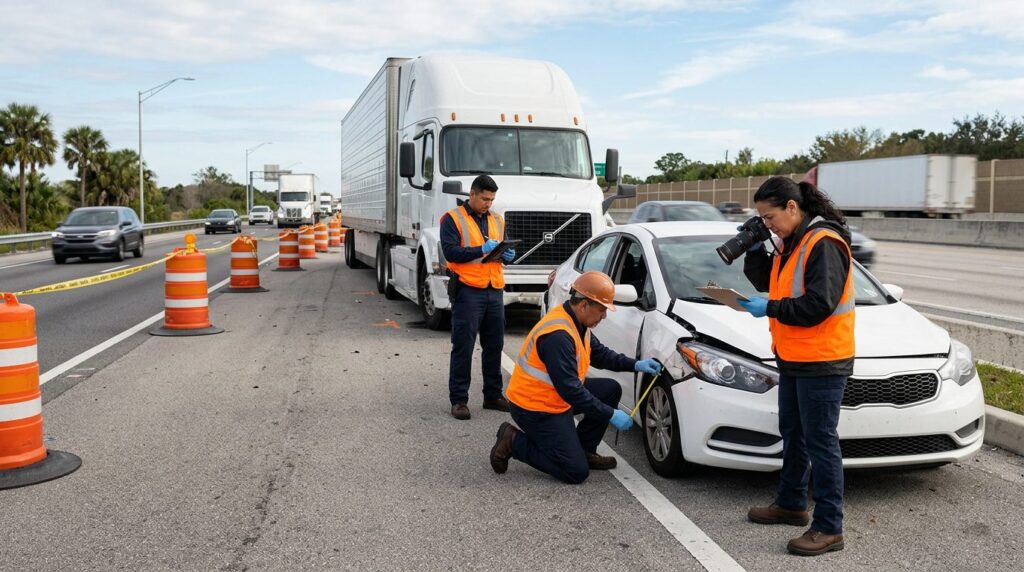 Investigadores documentan colisión de camión comercial en carretera cerrada.