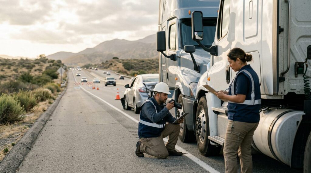 Investigadores documentan colisión de camión comercial en carretera cerrada.