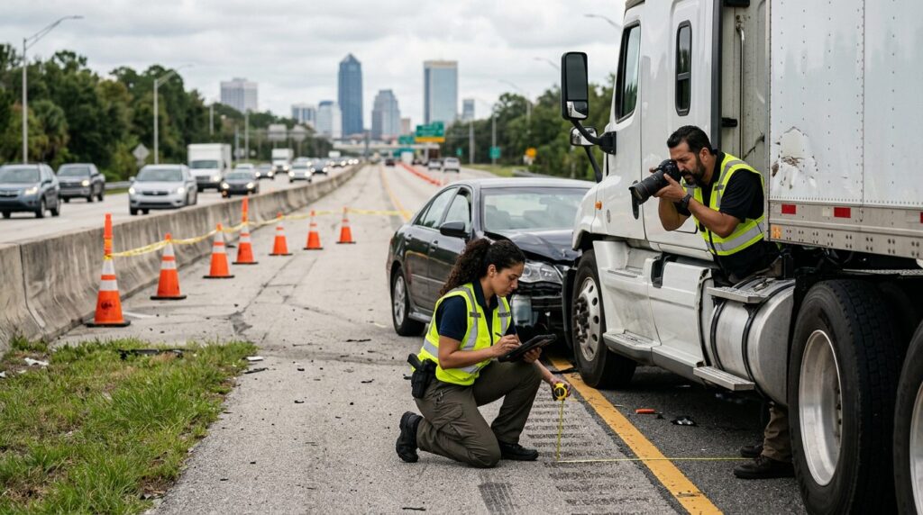 Investigadores documentan colisión de camión comercial en carretera cerrada.
