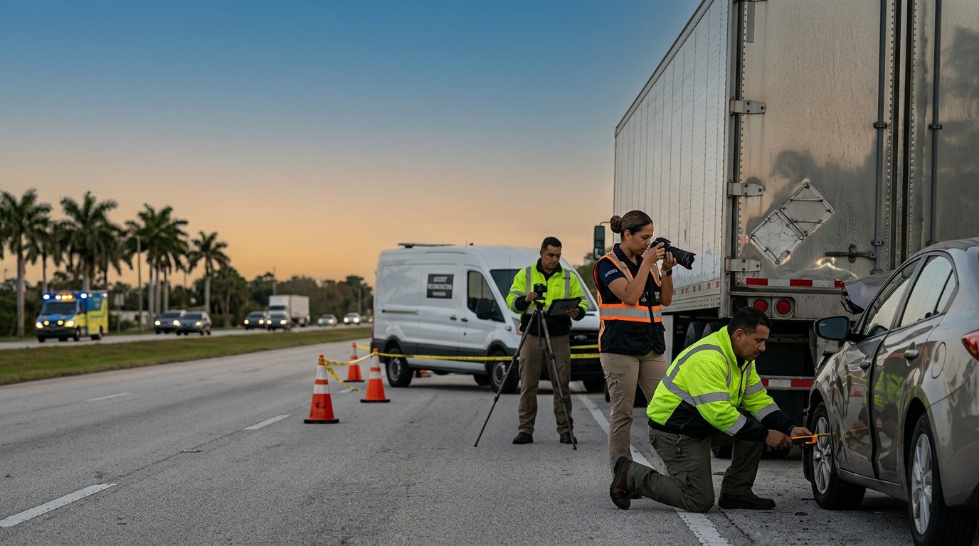 Investigadores documentan colisión de camión comercial en carretera cerrada.