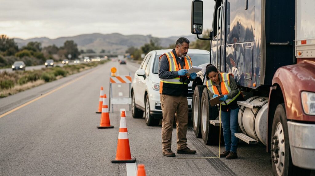 Investigadores documentan colisión de camión comercial en carretera cerrada.