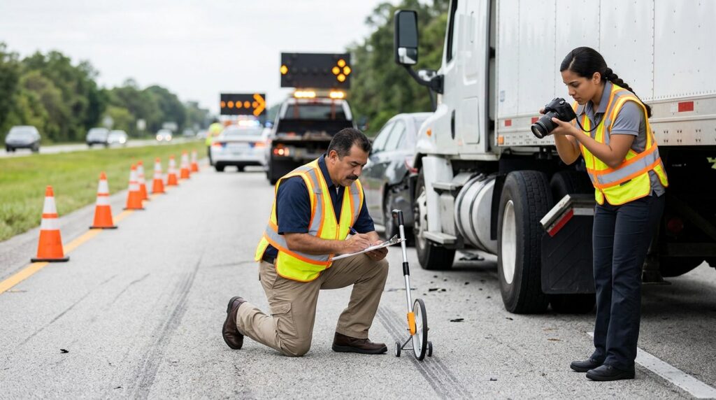 Investigadores documentan colisión de camión comercial en carretera cerrada.