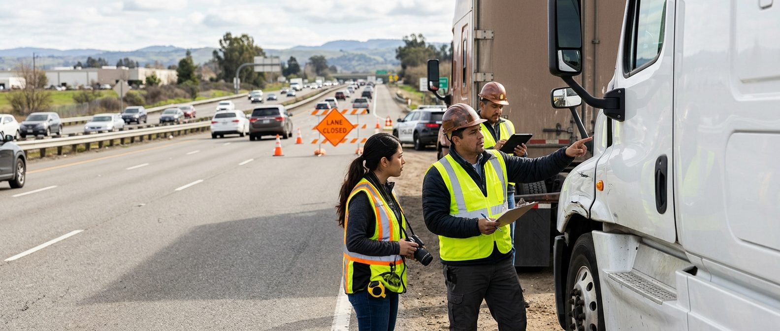Investigadores documentan colisión de camión comercial en carretera cerrada.