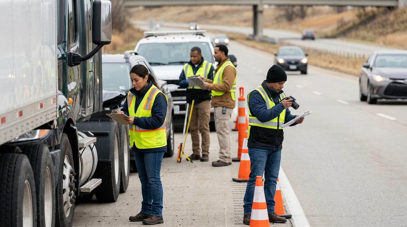 Investigadores documentan colisión de camión comercial en carretera cerrada.