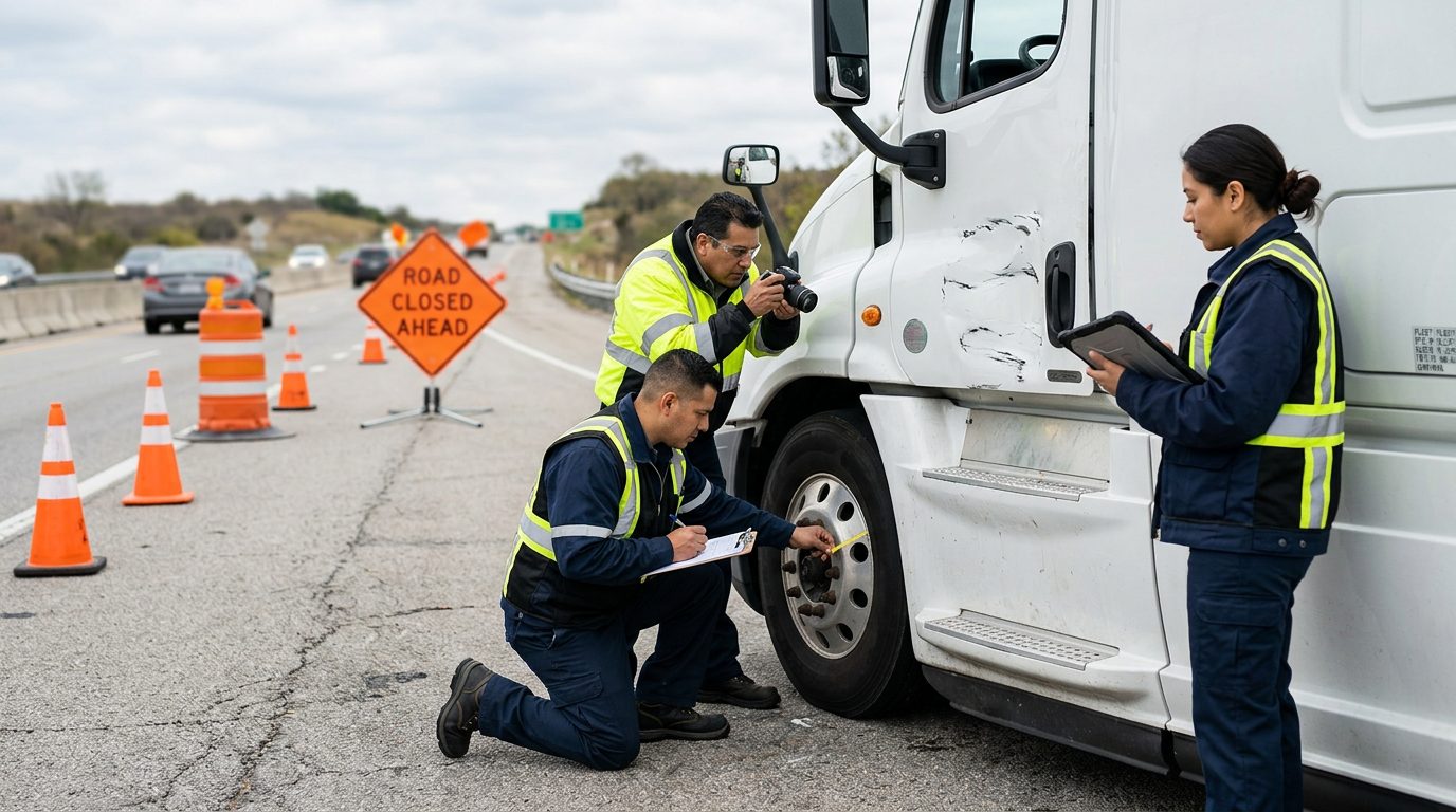 Investigadores documentan colisión de camión comercial en carretera cerrada.