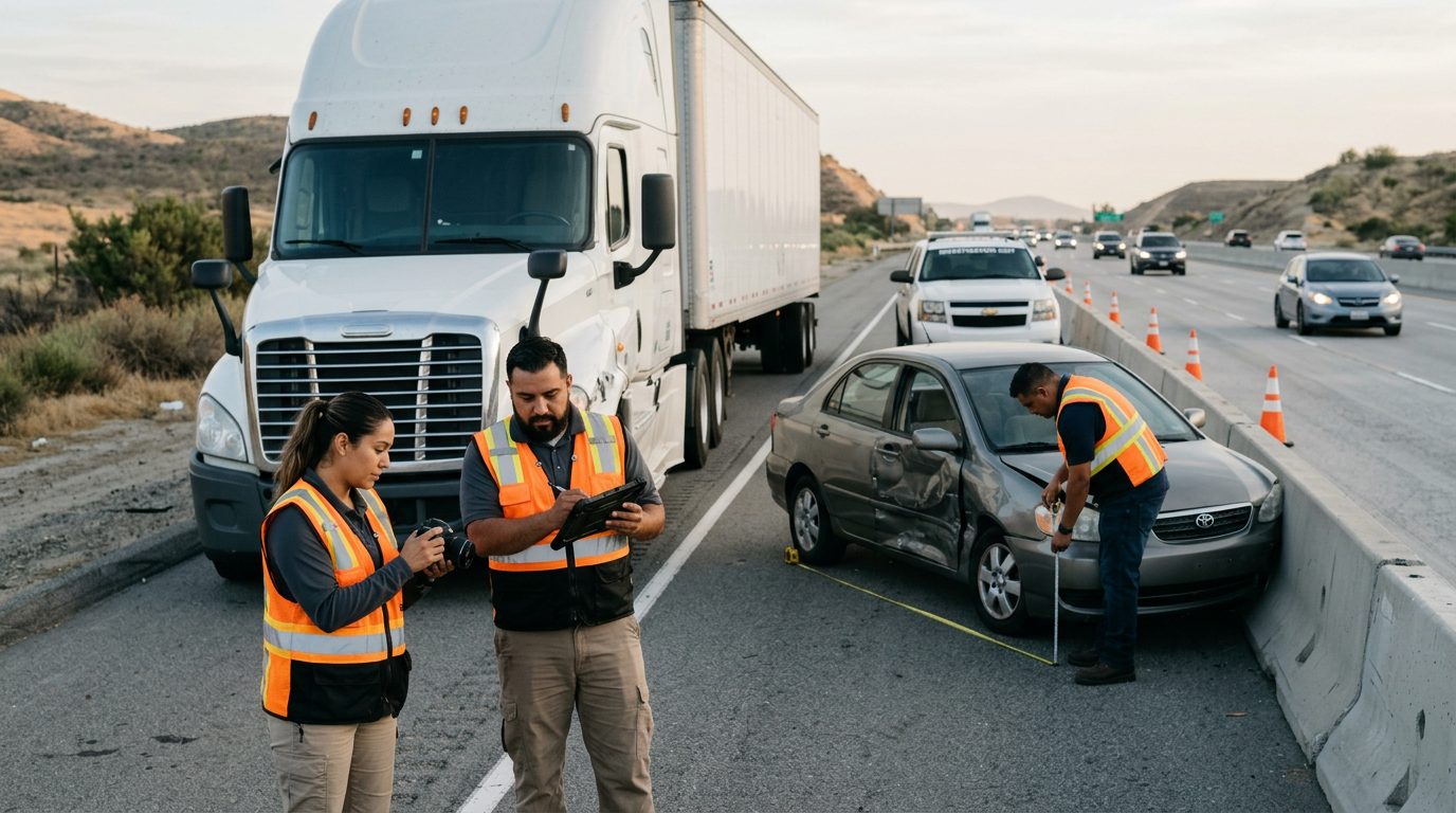 Investigadores documentan colisión de camión comercial en carretera cerrada.