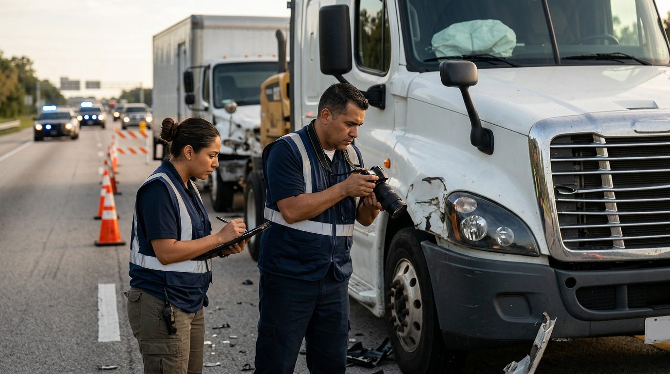 Investigadores documentan colisión de camión comercial en carretera cerrada con personal hispano.