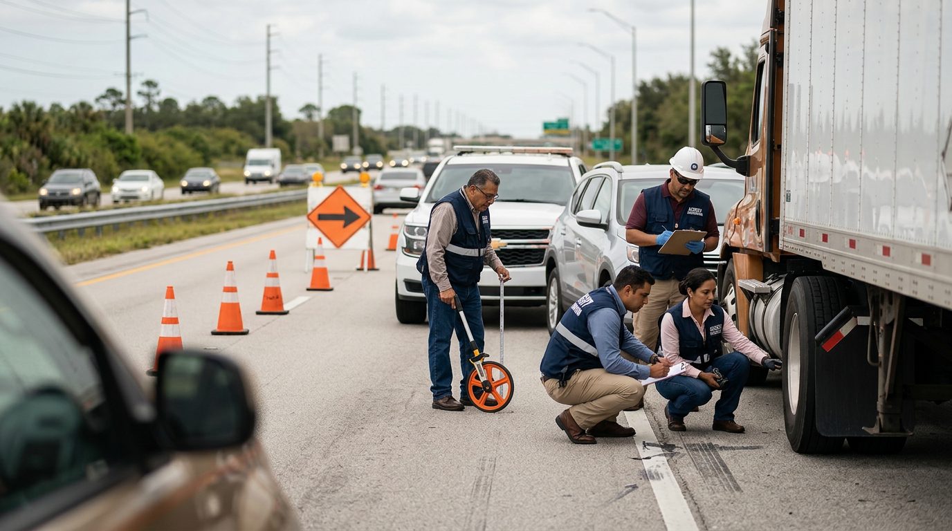 Investigadores documentan colisión de camión comercial en carretera cerrada.