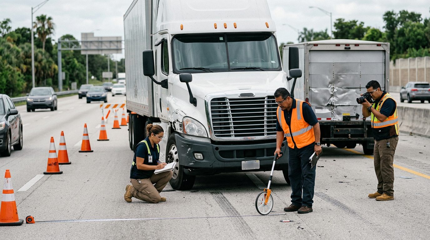 Investigadores documentan colisión de camión comercial en carretera cerrada.