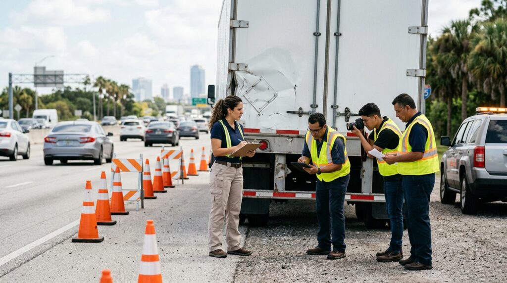 Investigadores documentan colisión de camión comercial en carretera cerrada con personal hispano.