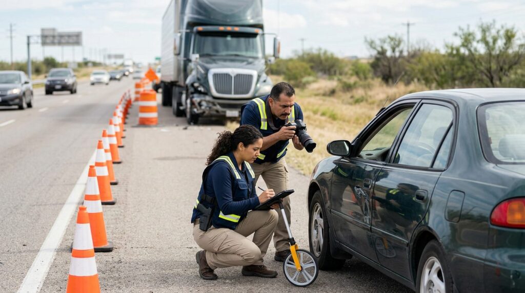 Investigadores documentan colisión de camiones comerciales en carretera cerrada.