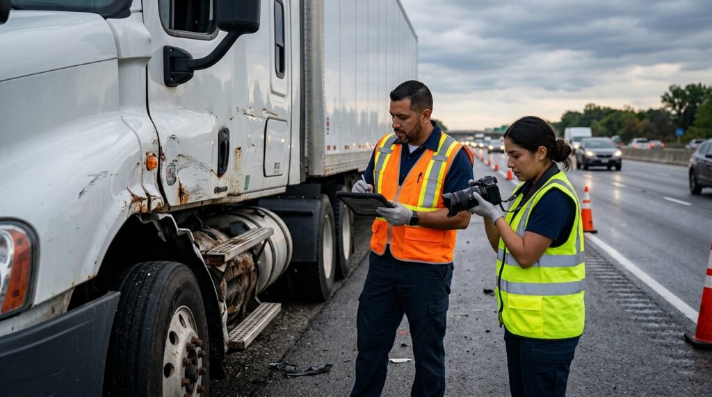 Investigadores documentan colisión de camiones comerciales en carretera cerrada.