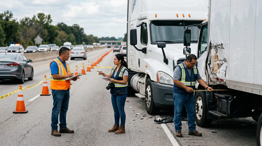 Investigadores documentan colisión de camiones comerciales en carretera cerrada.