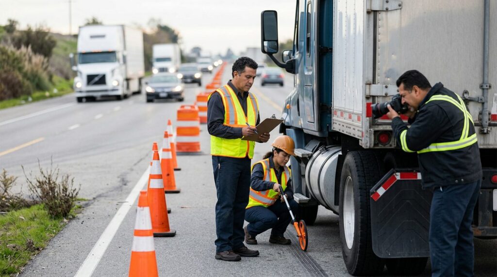 Investigadores documentan colisión de camiones comerciales en carretera cerrada.