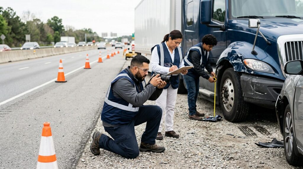 Investigadores documentan colisión de camiones comerciales en carretera cerrada.