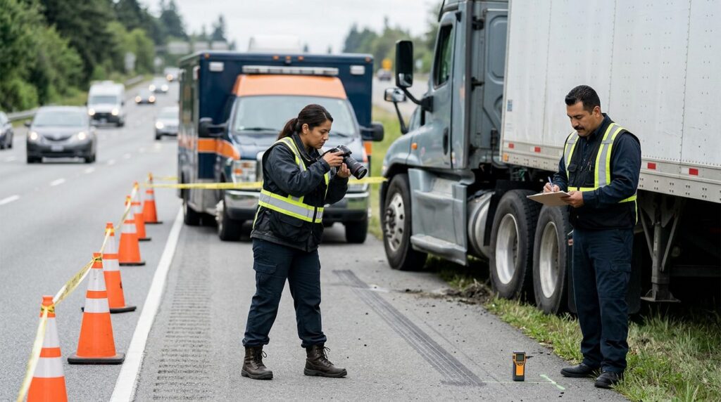Investigadores documentan colisión de camiones comerciales en carretera cerrada.