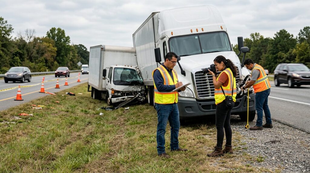 Investigadores documentan colisión de camiones comerciales en carretera cerrada.