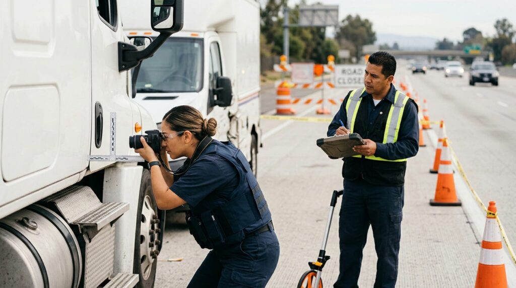 Investigadores documentan colisión de camiones comerciales en carretera cerrada.