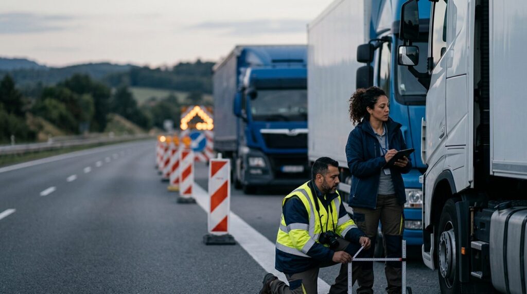 Investigadores documentan colisión de camiones comerciales en carretera cerrada.