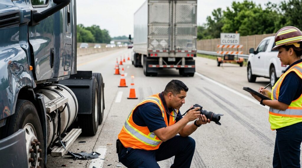 Investigadores documentan colisión de camiones comerciales en carretera cerrada.
