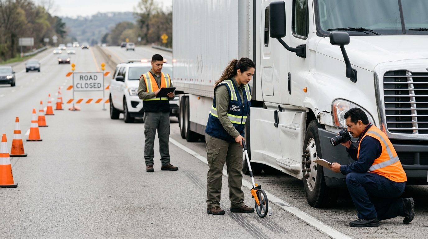 Investigadores documentan colisión de camiones comerciales en carretera cerrada.
