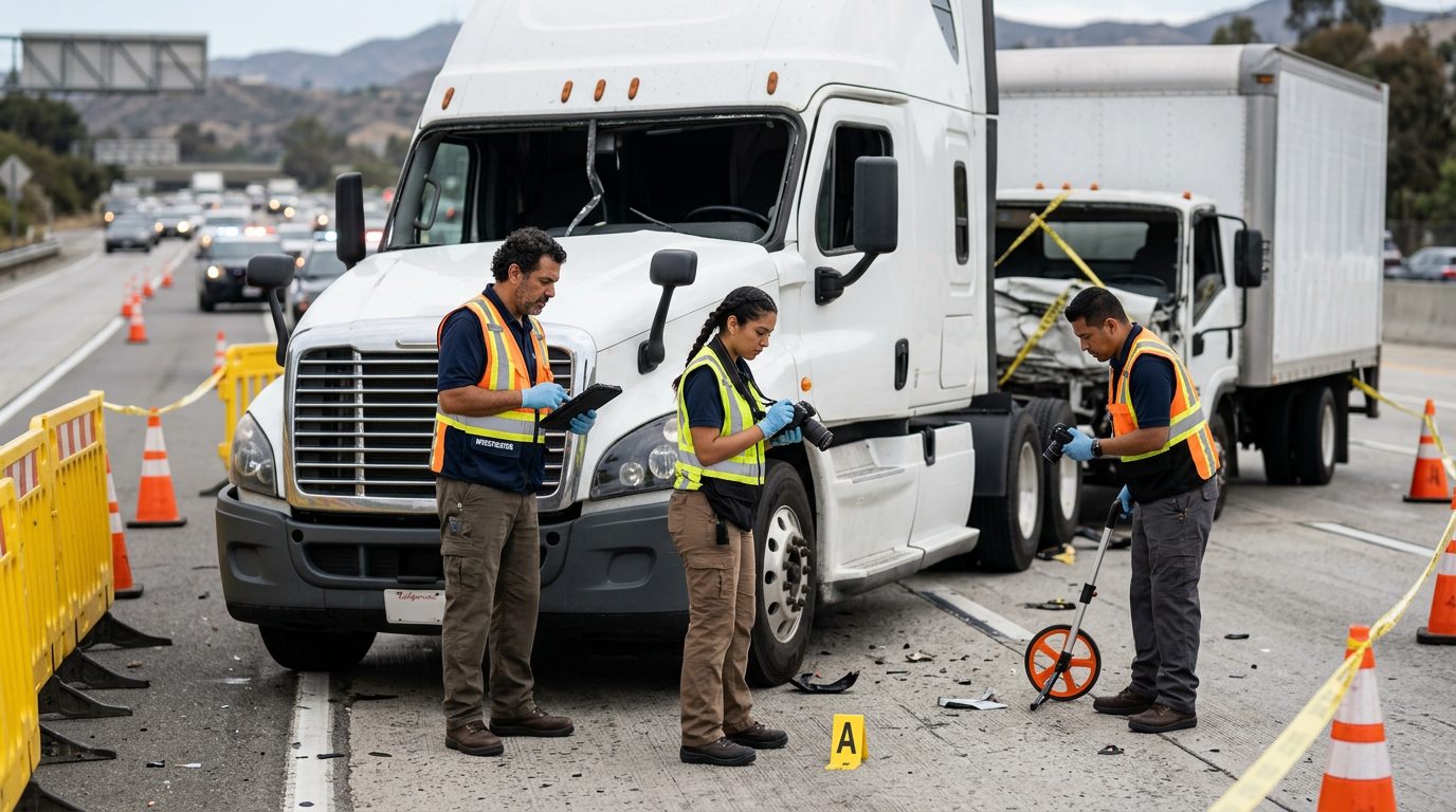 Investigadores documentan colisión de camiones comerciales en carretera cerrada.