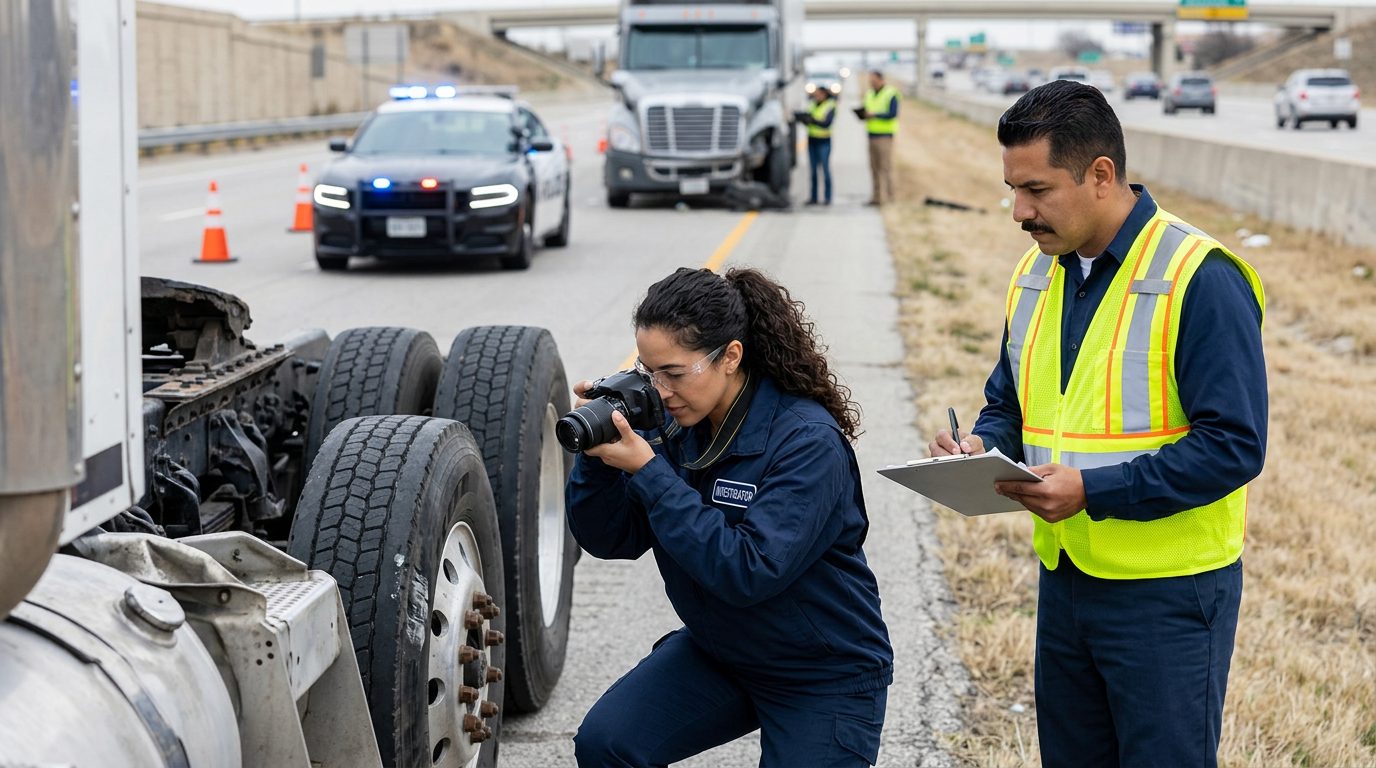 Investigadores documentan colisión de camiones comerciales en carretera cerrada.