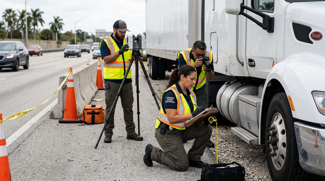 Investigadores documentan colisión de camiones comerciales en carretera cerrada.