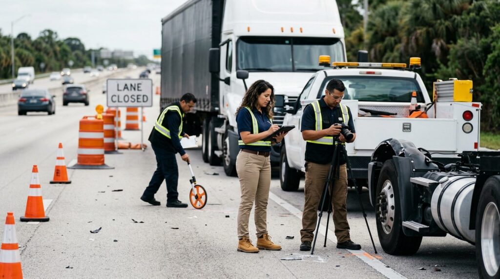 Investigadores documentan colisión de camiones comerciales en carretera cerrada.