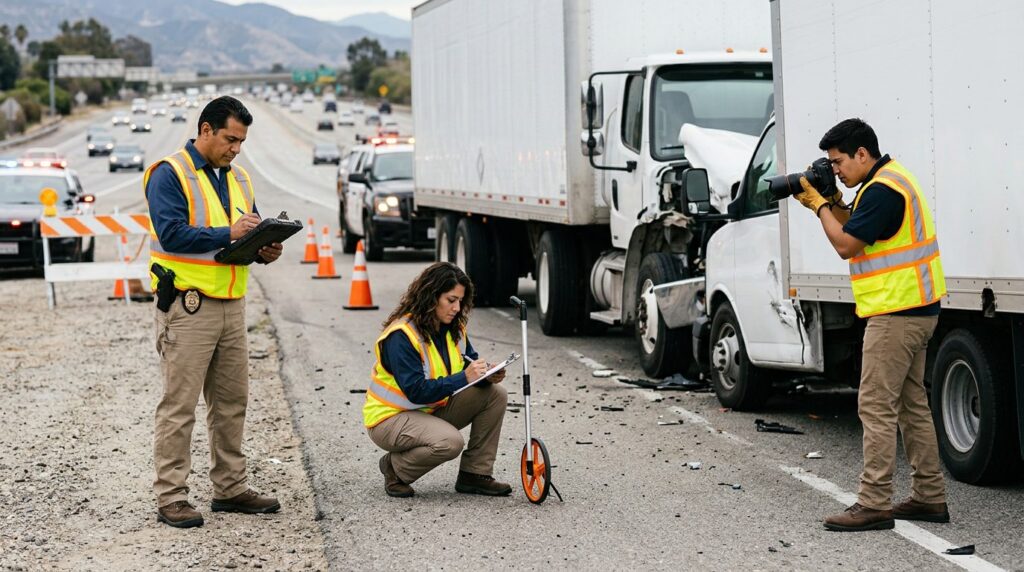 Investigadores documentan colisión de camiones comerciales en carretera cerrada.