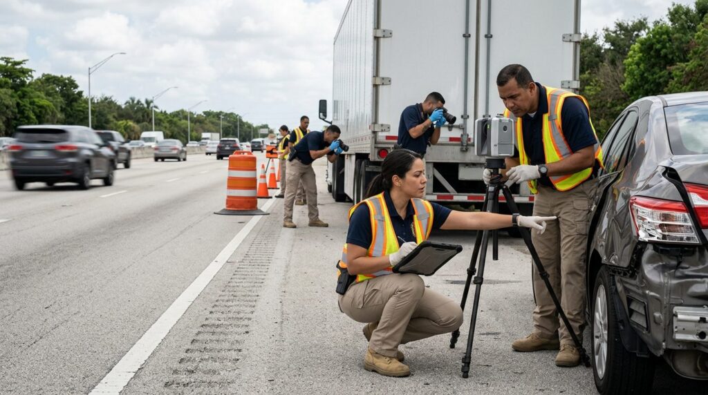 Investigadores documentan colisión de camiones comerciales en carretera cerrada.