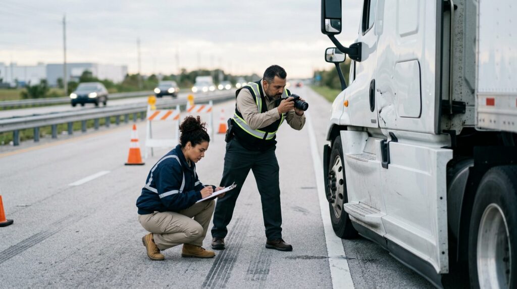 Investigadores documentan colisión de camiones comerciales en carretera cerrada.