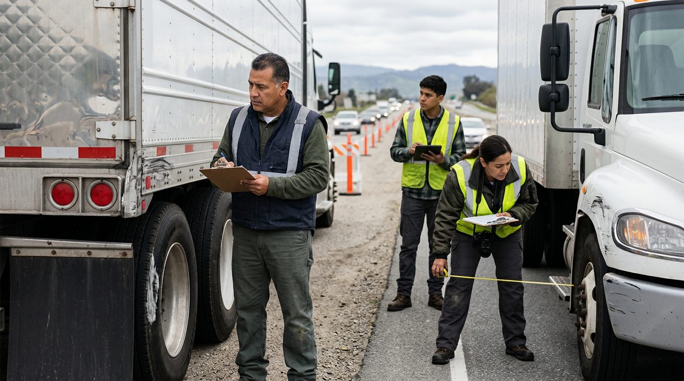 Investigadores documentan colisión de camiones comerciales en carretera cerrada.