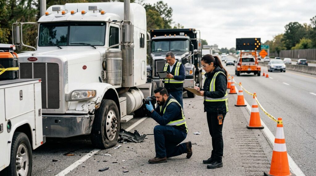 Investigadores documentan colisión de camiones en carretera cerrada con personal hispano.