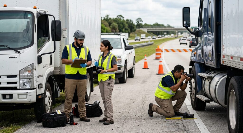 Investigadores documentan colisión de camiones en carretera cerrada con personal hispano.