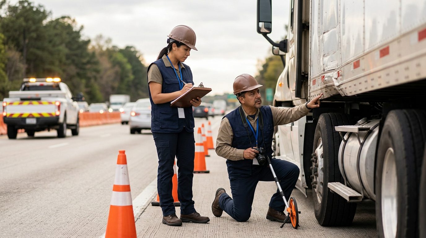 Investigadores documentan colisión de camiones en carretera cerrada.