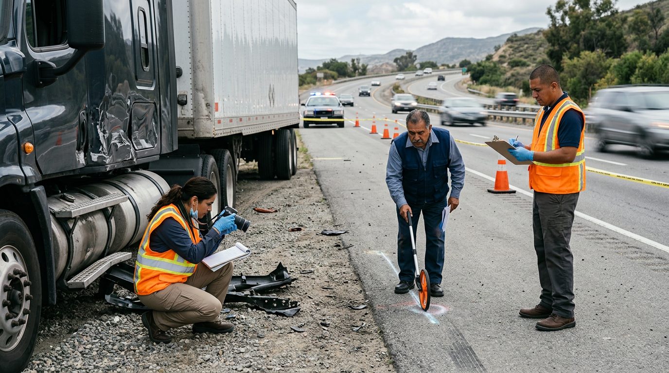 Investigadores documentan colisión de camiones en carretera cerrada con personal hispano.