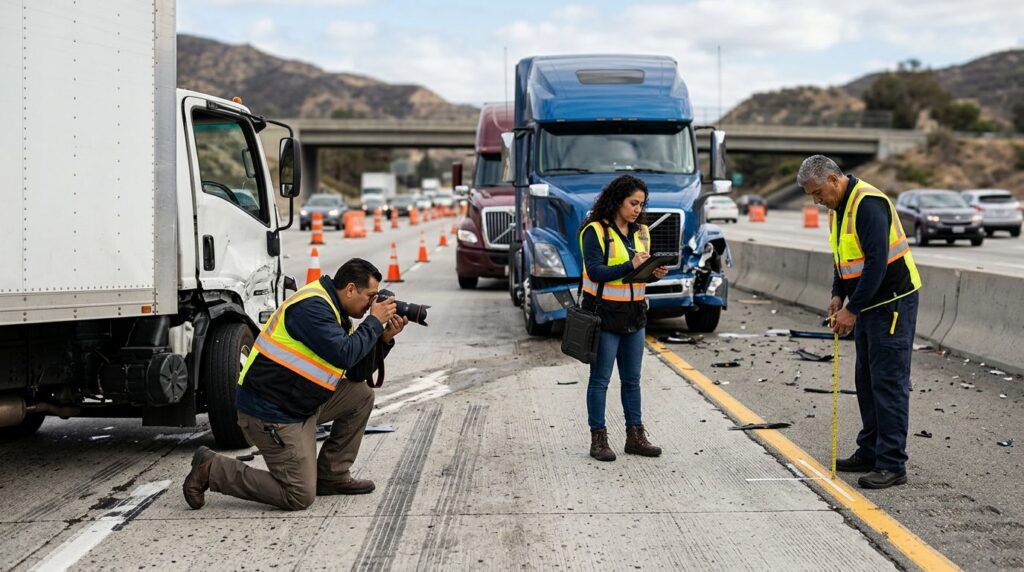Investigadores documentan colisión de camiones en carretera cerrada con personal hispano.