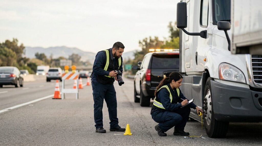 Investigadores documentan colisión de camiones en carretera cerrada con personal hispano.