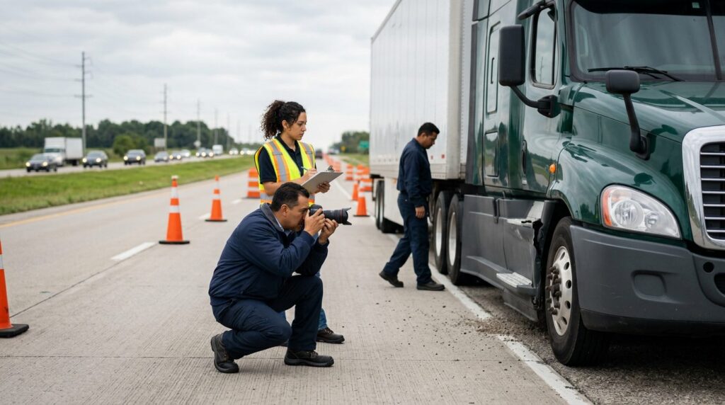 Investigadores documentan colisión de camiones en carretera cerrada.