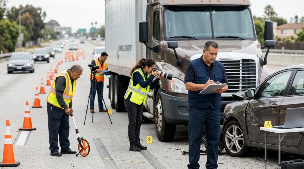 Investigadores documentan colisión de camiones en carretera cerrada.