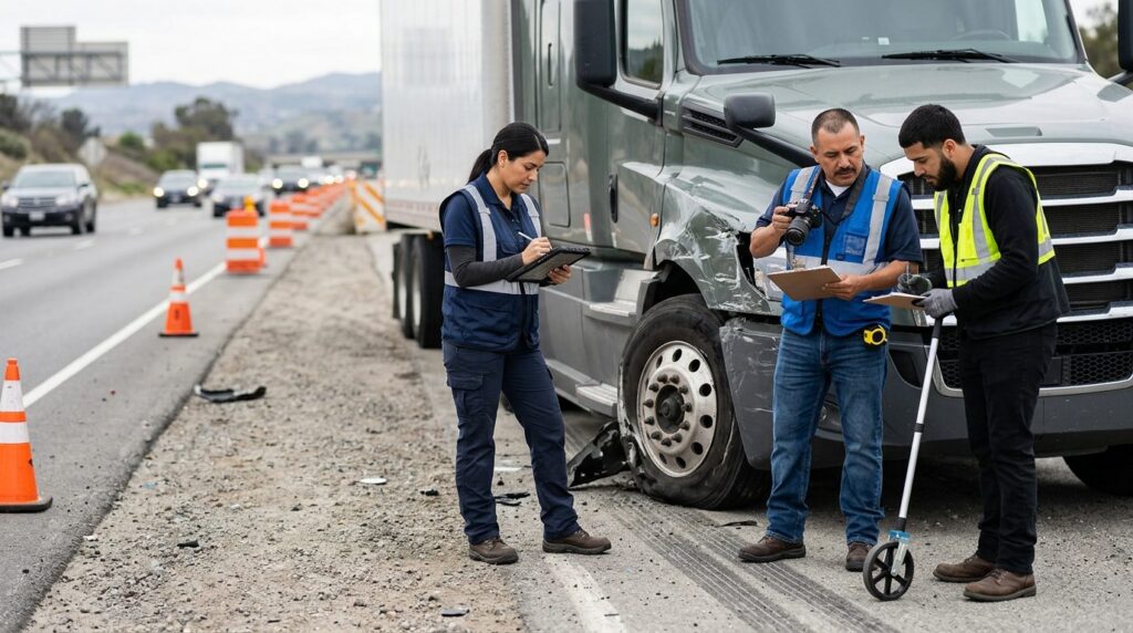 Investigadores documentan colisión de camiones en carretera cerrada.