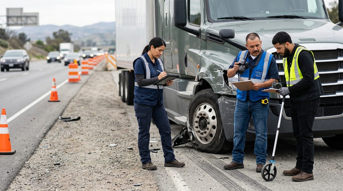 Investigadores documentan colisión de camiones en carretera cerrada.