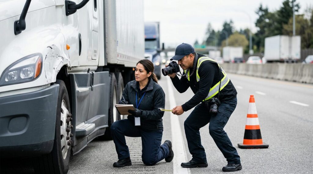 Investigadores documentan colisión de camiones en carretera cerrada.